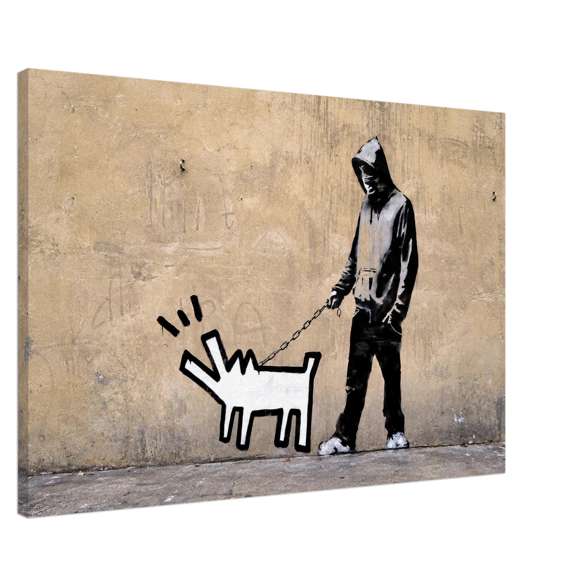 Angled product view of Banksy Choose Your Weapon canvas art showing the hooded figure walking Keith Haring's white barking dog.