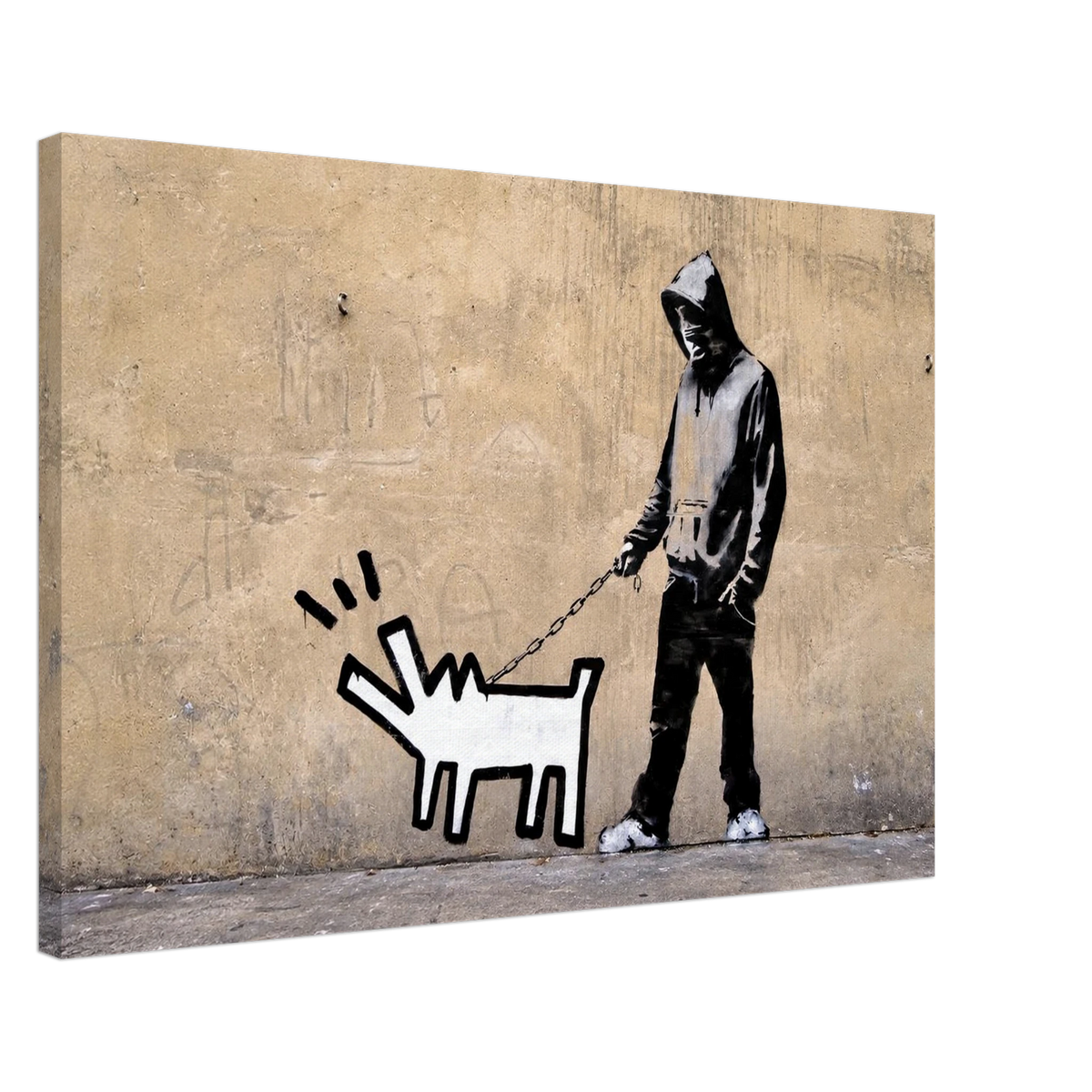 Perspective view of Banksy Choose Your Weapon street art canvas featuring a hooded figure and white barking dog on a beige wall.