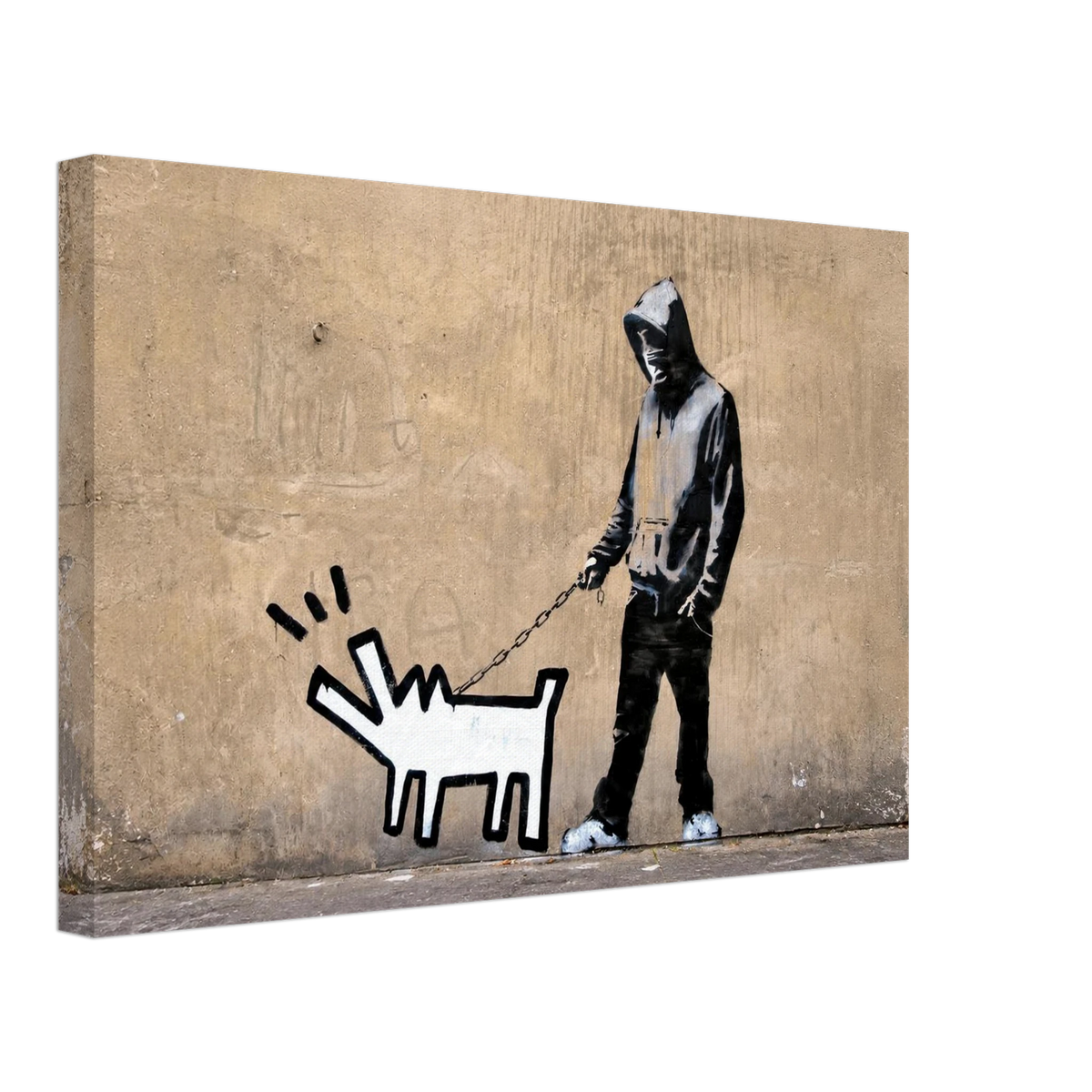 Side-angle view of Banksy Choose Your Weapon wall art featuring Keith Haring's barking dog motif and textured beige background.