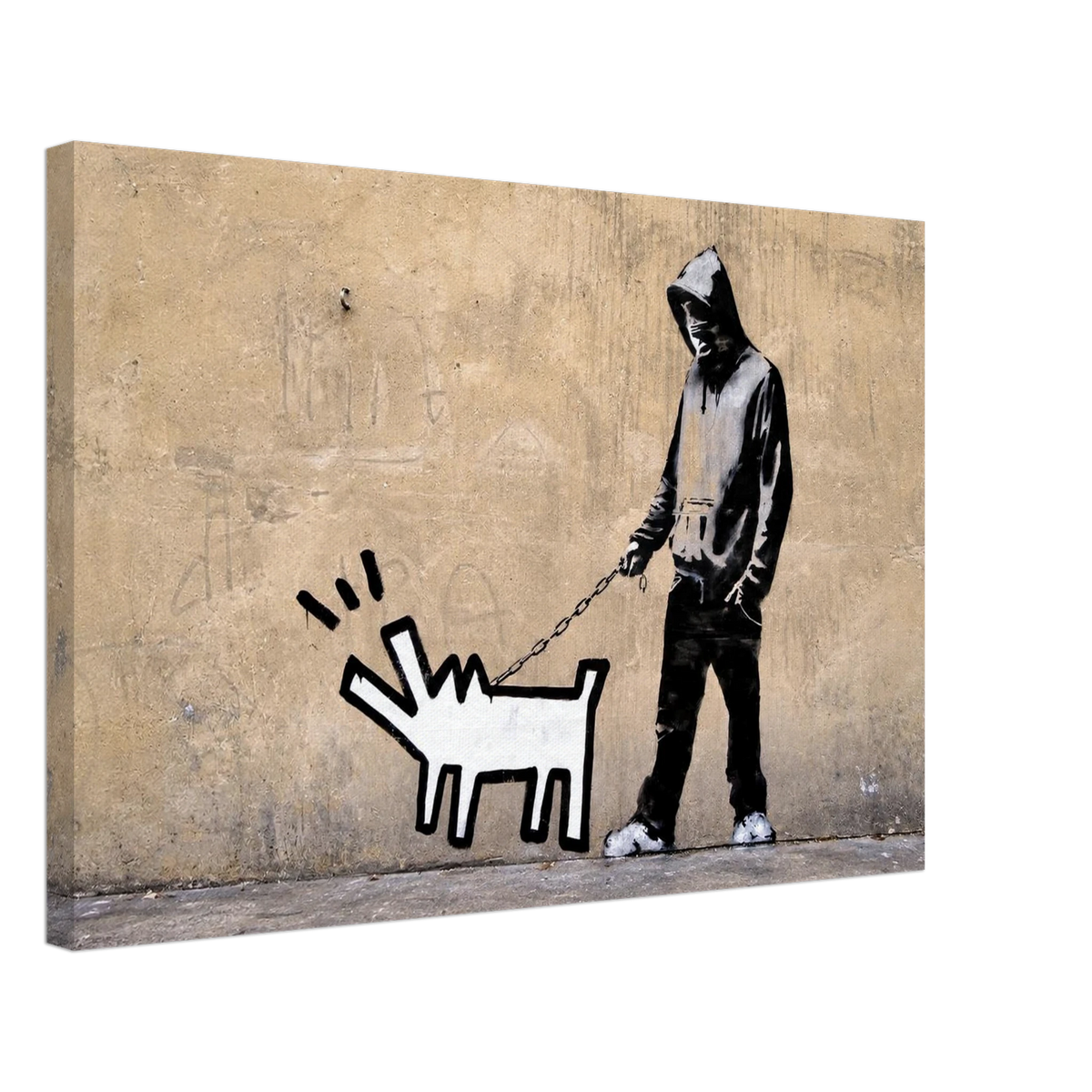 Banksy Choose Your Weapon canvas print shown at an angle with the hooded figure, chain and barking dog artwork.