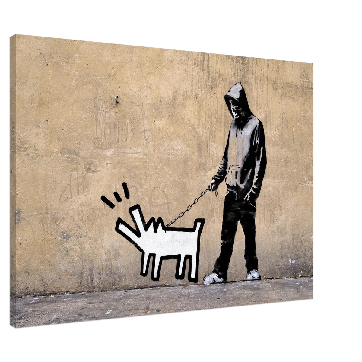 Stretched canvas product view of Banksy Choose Your Weapon street art with a black and white dog walker composition.