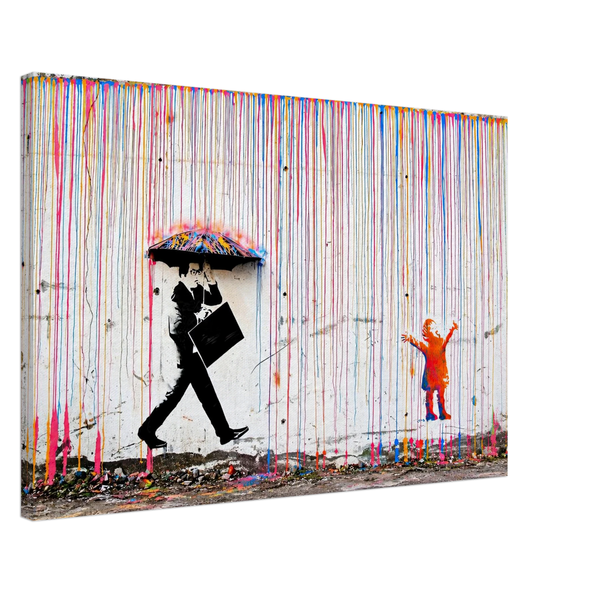 Gallery-wrapped Coloured Rain canvas with stencil-style man carrying an umbrella