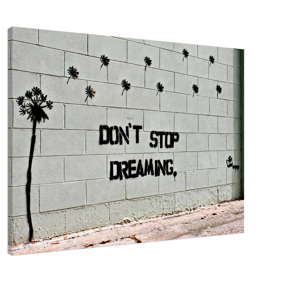 Angled close-up of the Banksy Don't Stop Dreaming stretched canvas and side edge.
