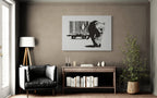 Banksy Leopard Barcode street art canvas hanging in a contemporary interior with neutral furnishings and modern decor.