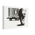 Angled view of Banksy Leopard Barcode canvas print showing the black and white leopard artwork and stretched canvas edge.