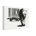 Angled view of Banksy Leopard Barcode canvas print showing the black and white leopard artwork and stretched canvas edge.