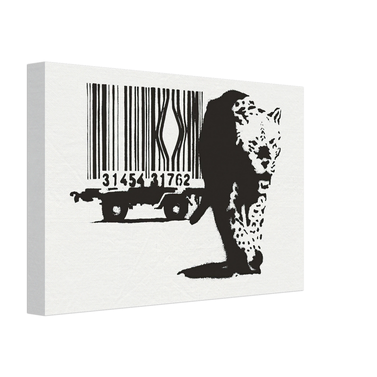 Angled view of Banksy Leopard Barcode canvas print showing the black and white leopard artwork and stretched canvas edge.