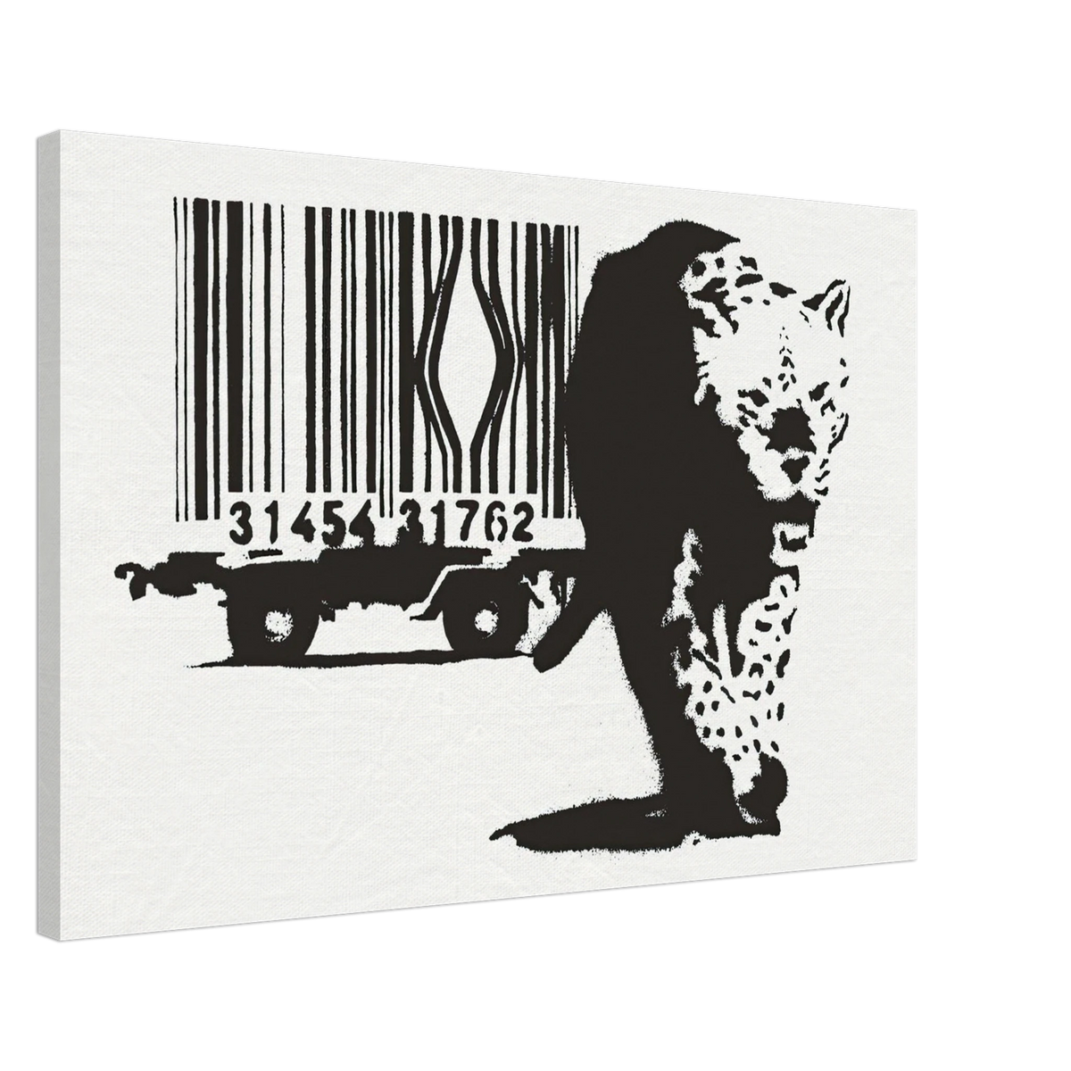 Perspective view of Banksy Leopard Barcode canvas wall art featuring a leopard and barcode composition.