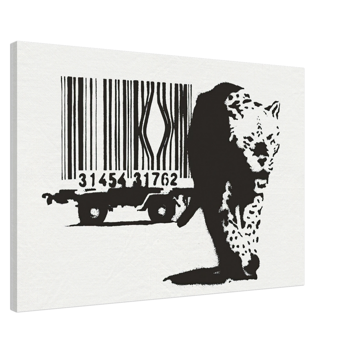 Three-quarter view of Banksy Leopard Barcode wall art showing the printed canvas surface and depth.