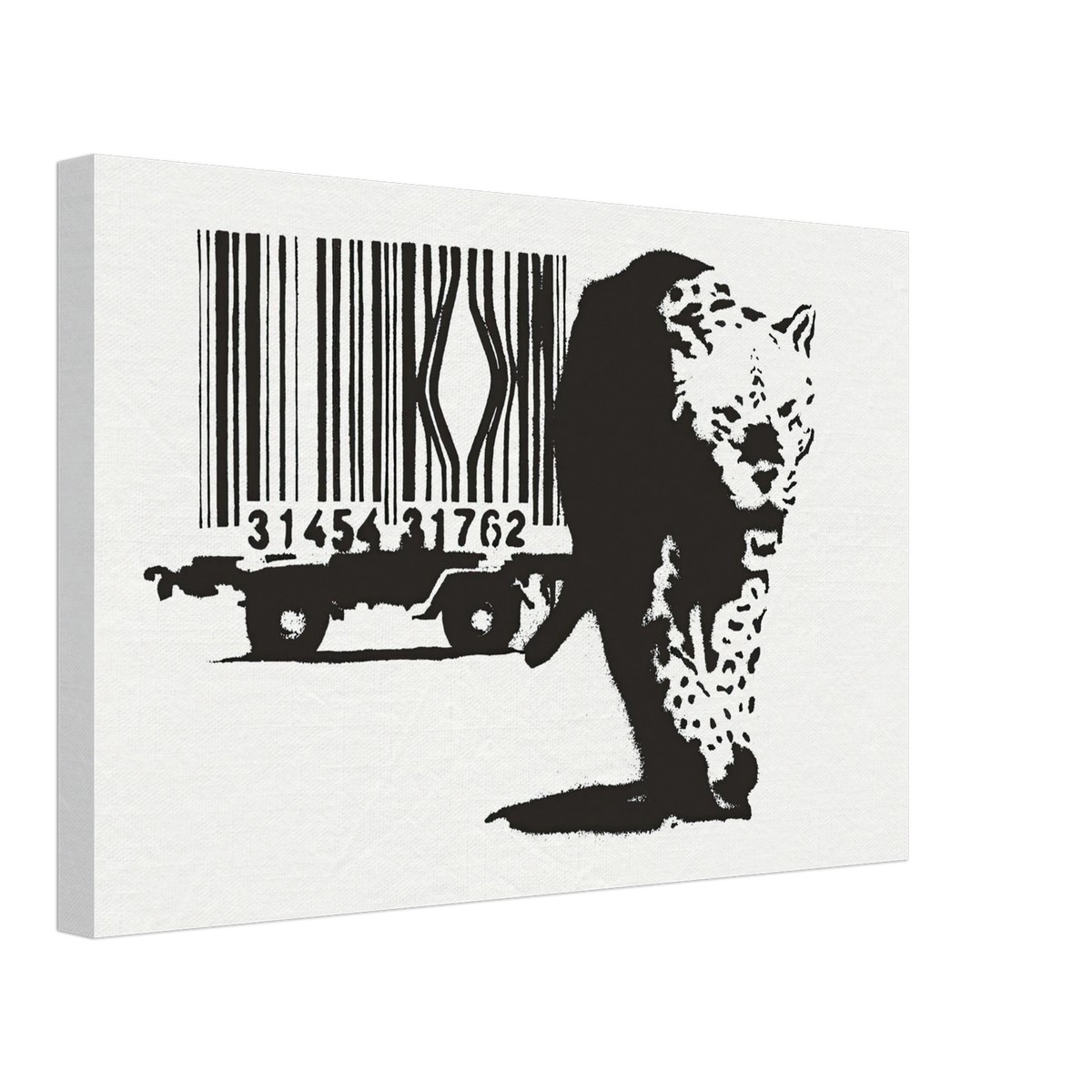 Black and white Banksy Leopard Barcode canvas print displayed at an angle on a plain background.