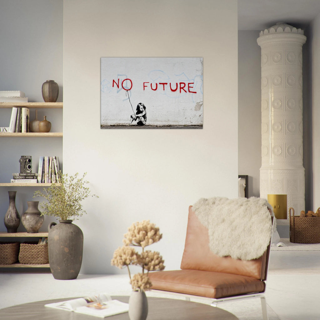No Future graffiti canvas displayed above a beige armchair with natural wood furniture and soft neutral styling