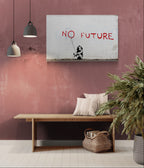 Banksy No Future street art canvas on a dusty pink wall above a wooden bench in a contemporary interior