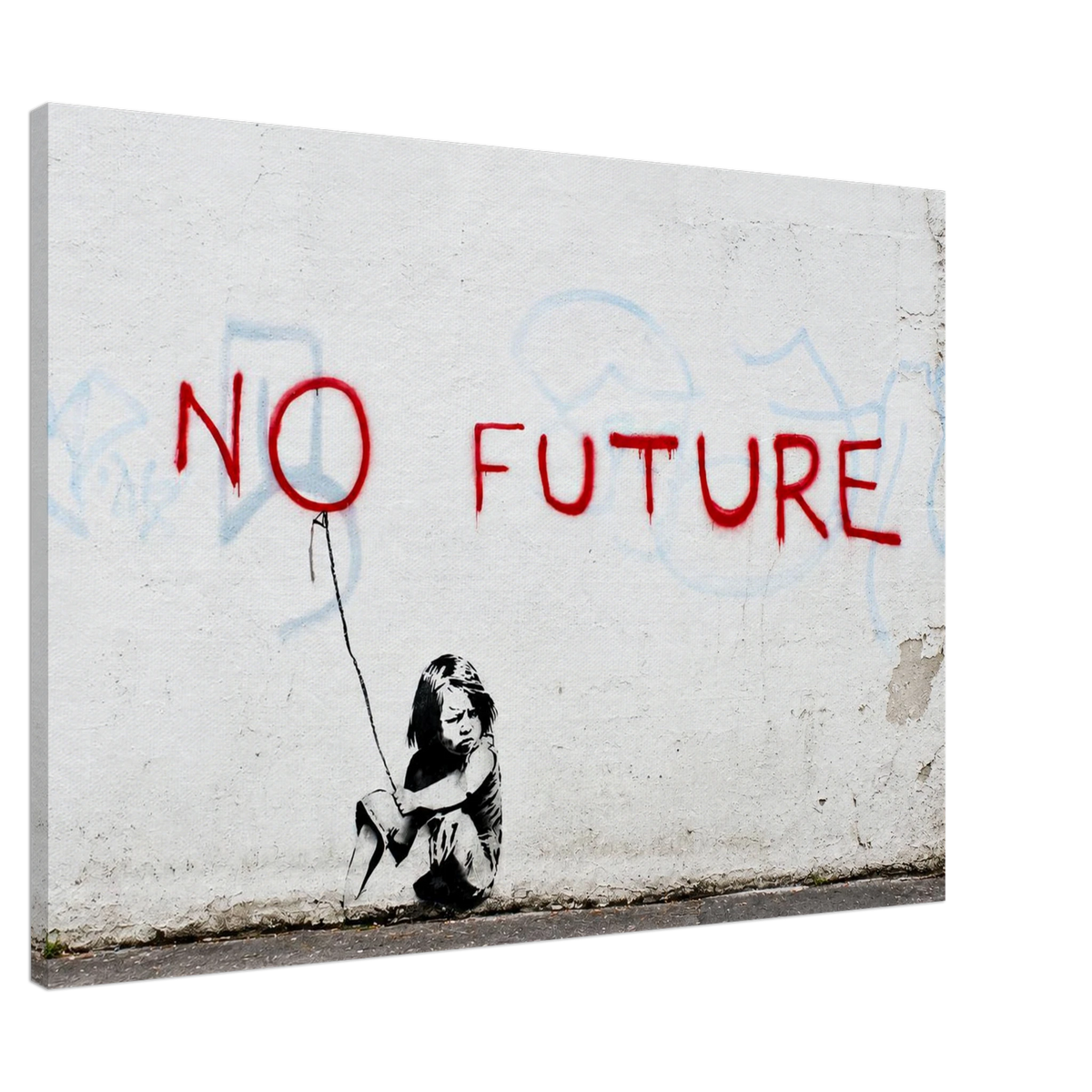 Banksy No Future graffiti canvas displayed above a red armchair in a bright contemporary interior