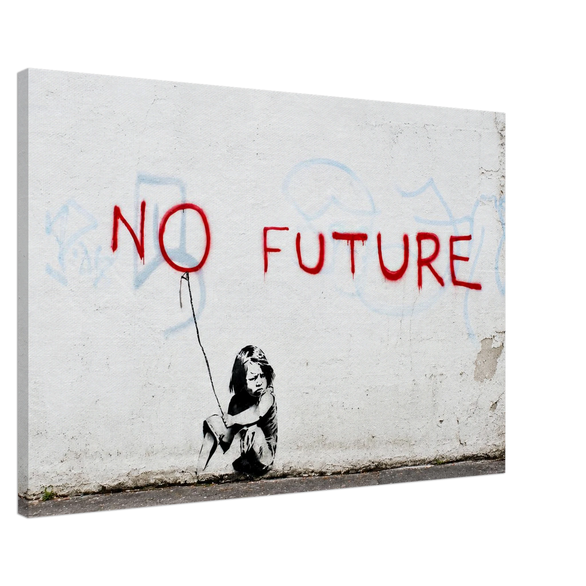 Close perspective of No Future stencil artwork reproduced on a stretched canvas with white background