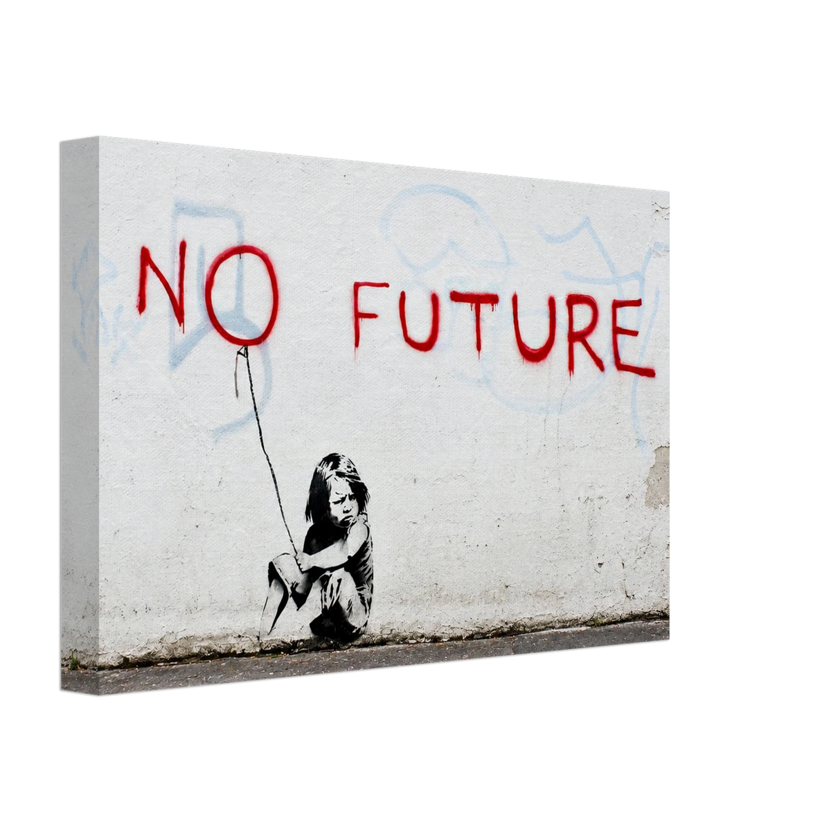 No Future canvas print showing the original wall texture, black child silhouette and prominent red message