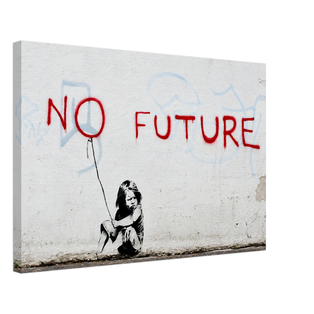 Side perspective of Banksy No Future graffiti canvas with seated child and red balloon-letter composition