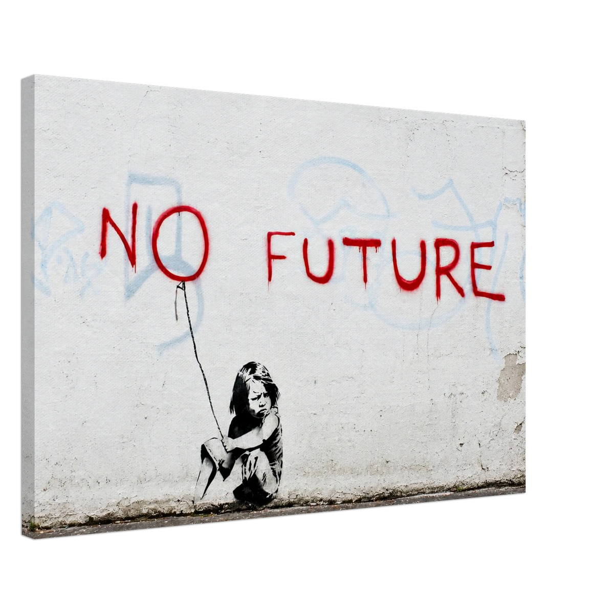 Banksy No Future street art canvas showing black stencil child beneath red NO FUTURE typography