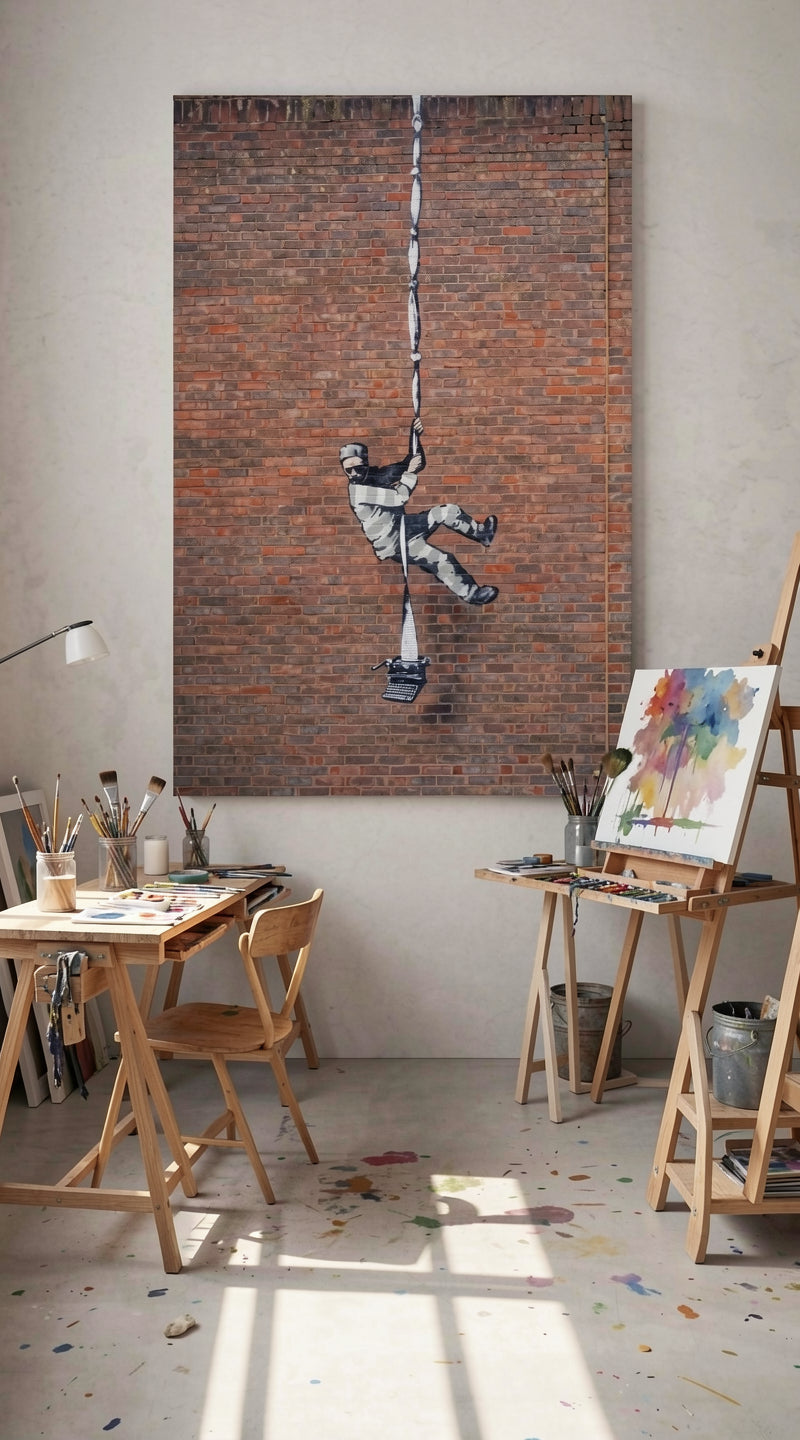 Banksy Prison Escape street art canvas displayed on a wall in a bright creative studio.