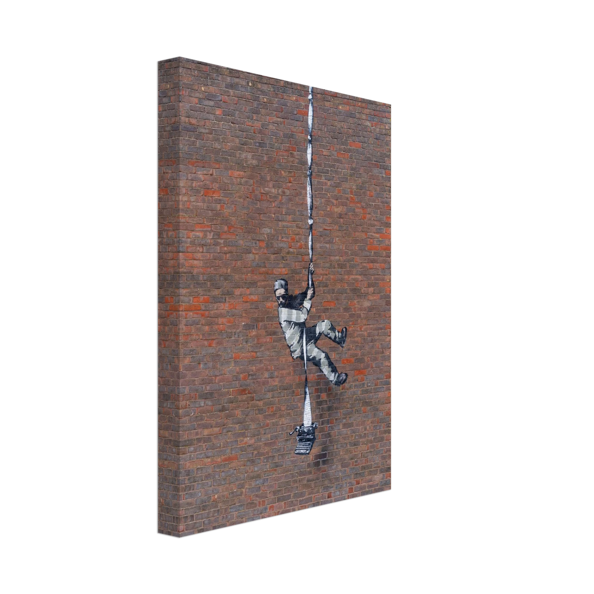 Banksy Prison Escape wall art on stretched canvas with visible side edge and brick texture.