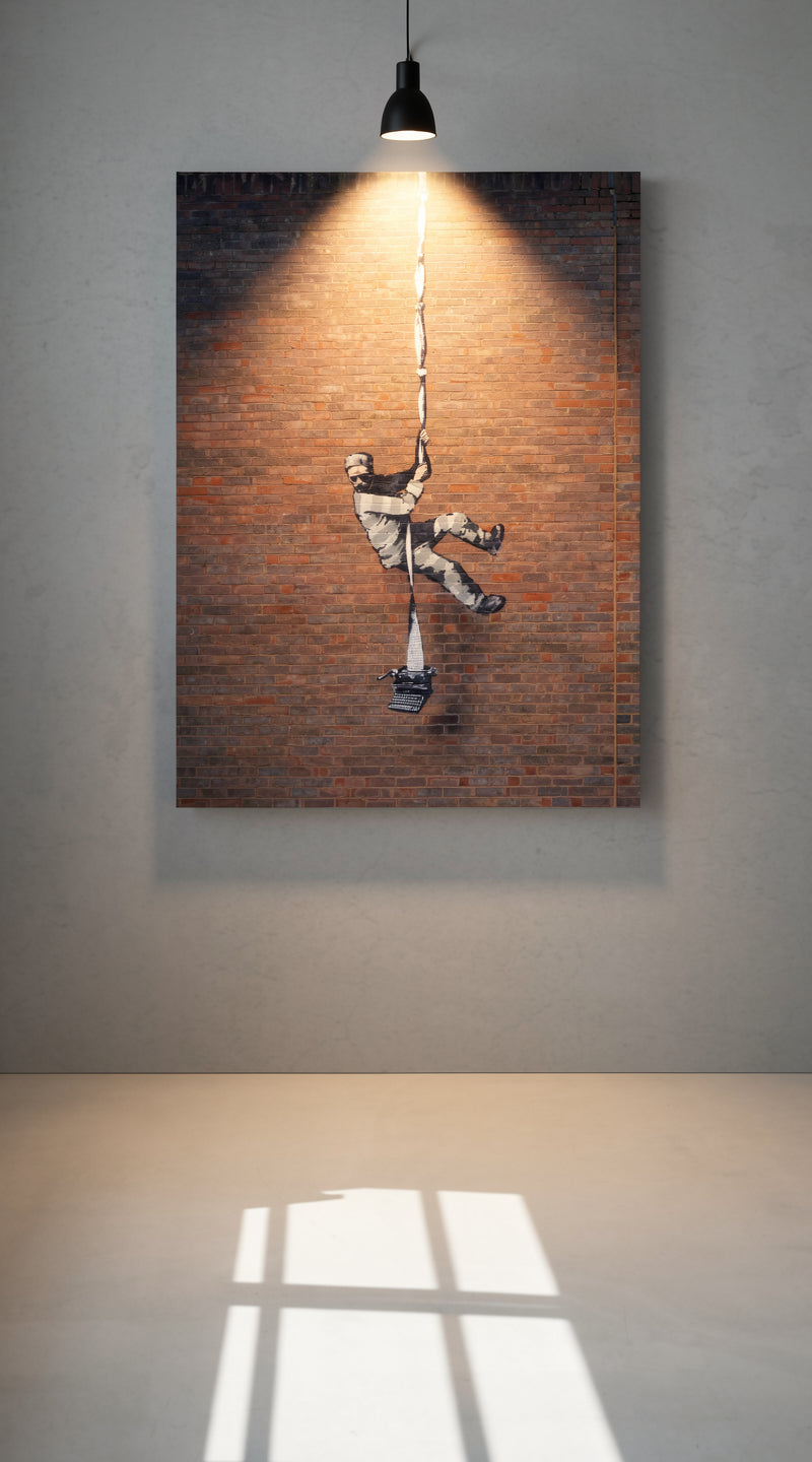 Banksy Prison Escape canvas print illuminated by a warm spotlight in a minimalist interior.