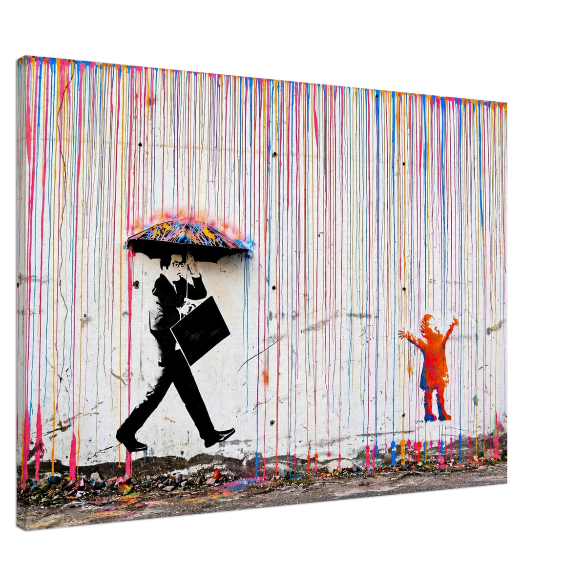Angled view of Banksy Rainbow Rain canvas featuring an umbrella man and orange child