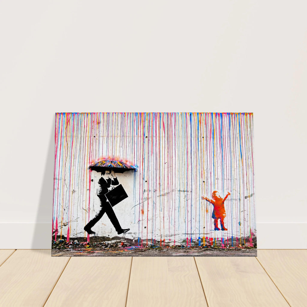 Front display of Rainbow Rain canvas wall art with umbrella man, orange child and colourful paint drips