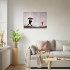 Banksy Rainbow Rain wall art displayed in a bright neutral living room with pale furniture