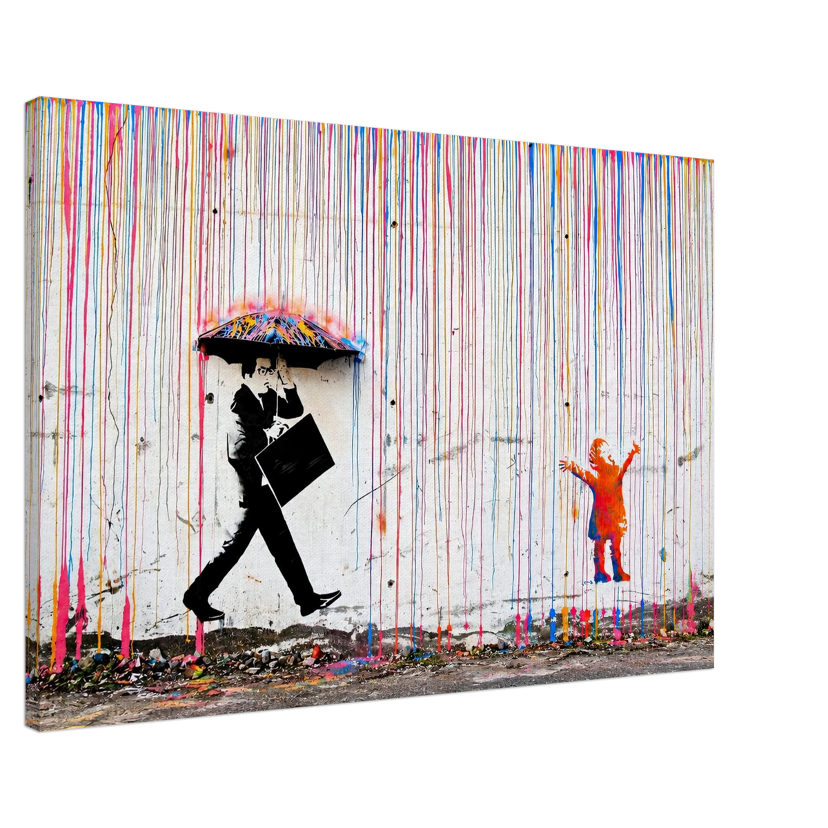 Contemporary Rainbow Rain canvas print with multicoloured dripping paint and orange child figure