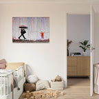 Umbrella Man street art canvas displayed in a light contemporary interior with neutral furnishings