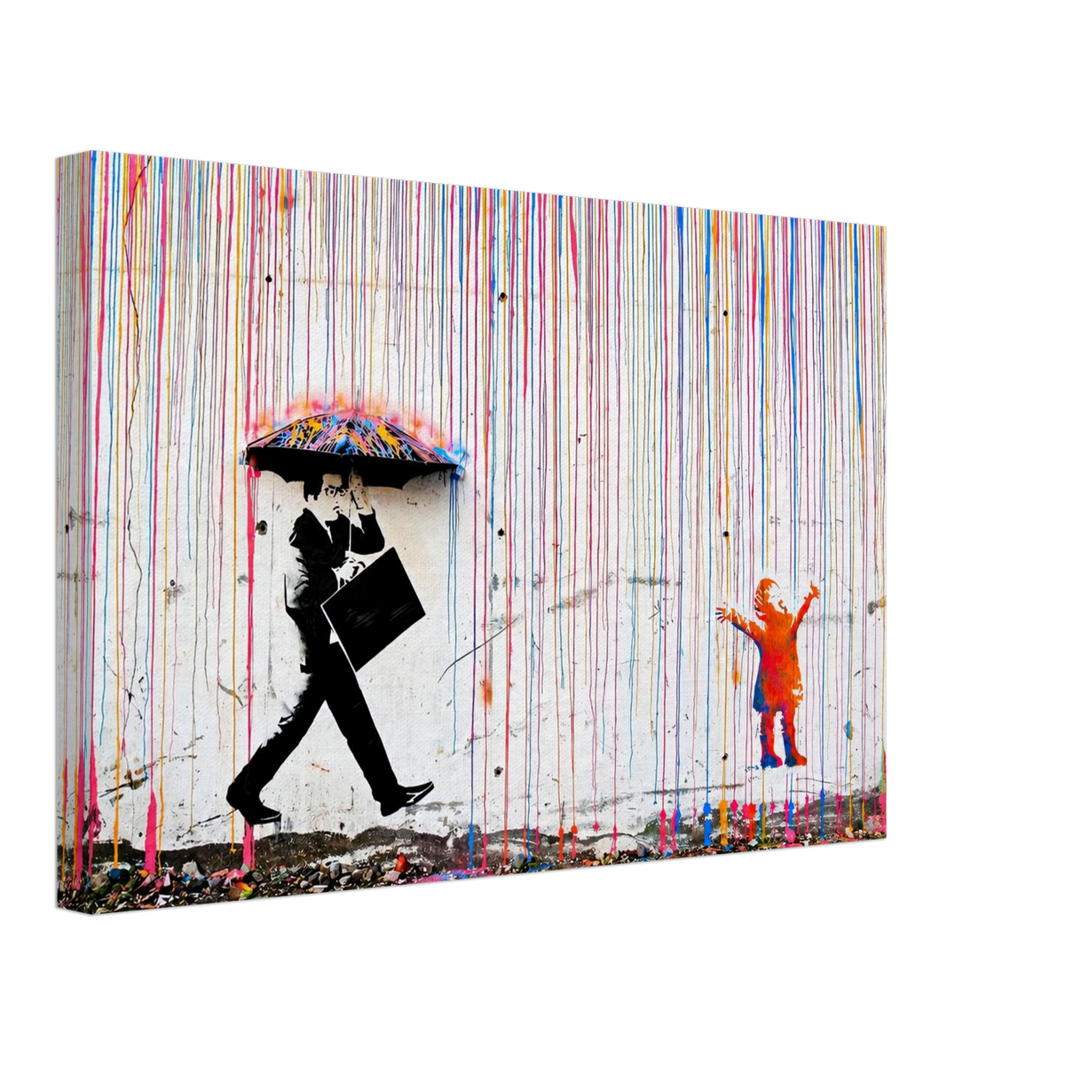 Side perspective of colourful graffiti canvas showing rainbow paint drips and umbrella figure