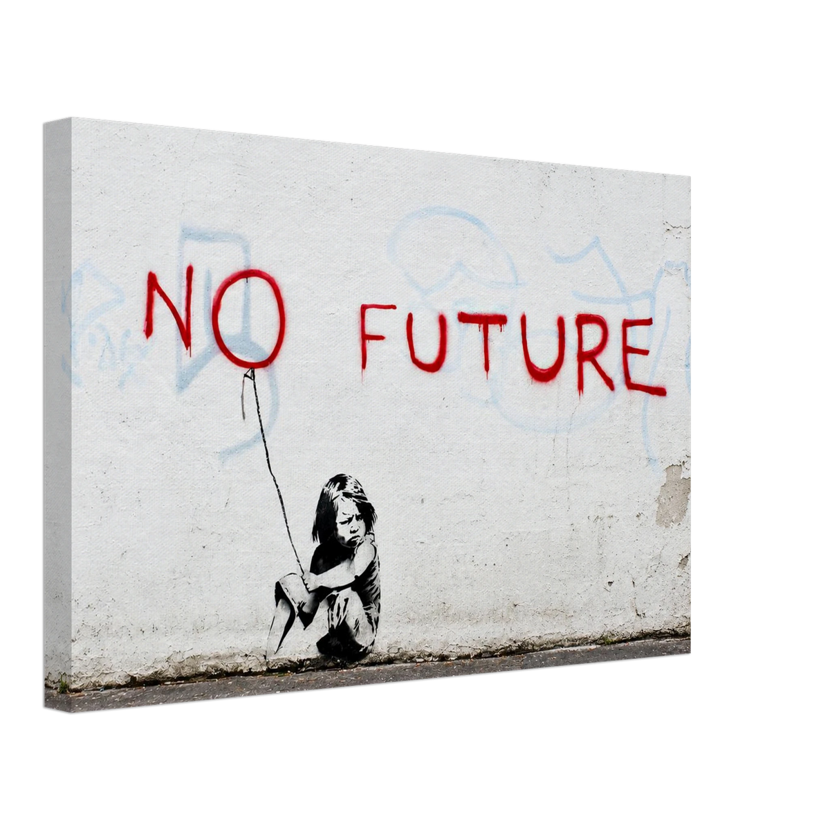 Angled product view of No Future canvas wall art with distressed wall texture and red graffiti text