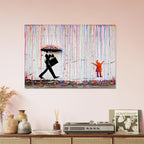 Colourful Rainbow Rain graffiti canvas on a soft blush wall above a wooden console