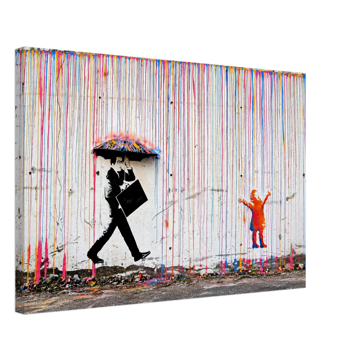 Rainbow Rain street art canvas with white textured wall artwork and colourful vertical paint streaks