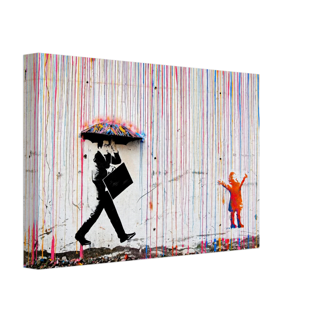 Umbrella Man graffiti canvas featuring a black silhouette beneath a painted umbrella