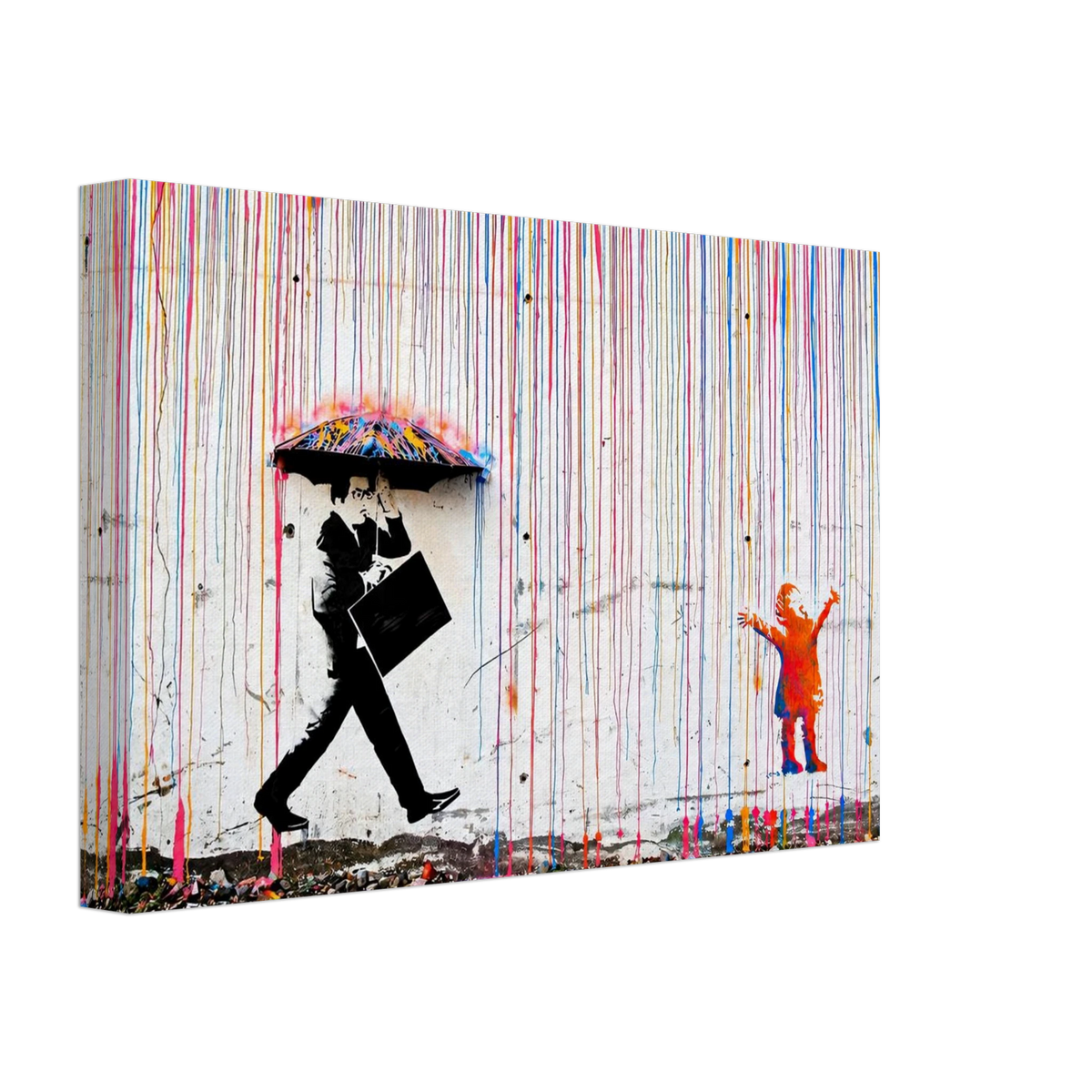 Umbrella Man graffiti canvas featuring a black silhouette beneath a painted umbrella